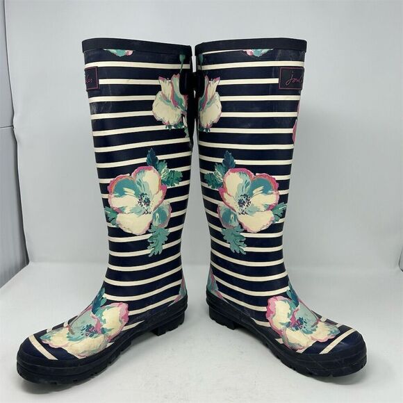 Joules Navy Blue Watercolor Floral Stripe Rain Boots Size 8 **small flaw** - Picture 12 of 16